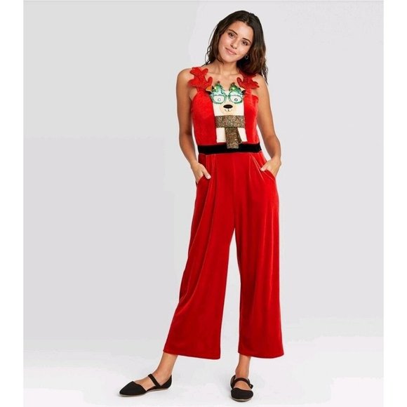 Born Famous Ugly Holiday Llama Velour Sleeveless Graphic Jumpsuit Size L Red - Picture 6 of 6